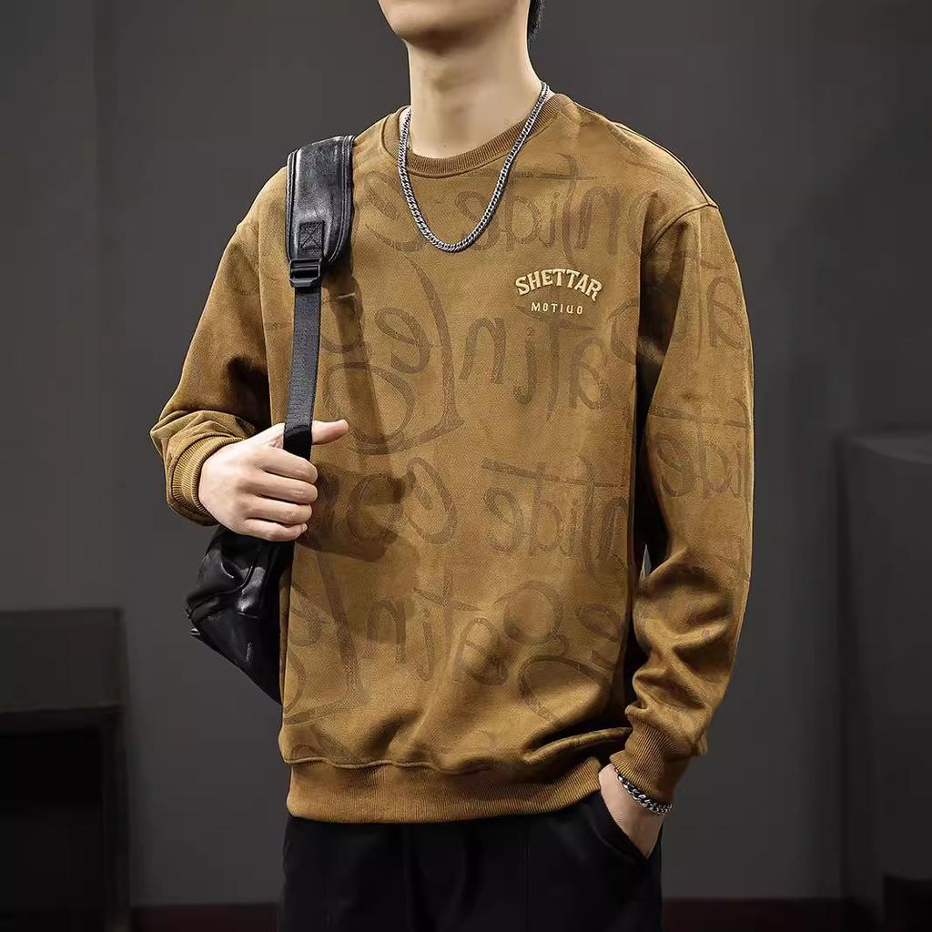 Autumn Letter-Printed Sweater Men'S American Casual Crew Neck Long-Sleeved T-Shirt Suede Loose Bottoming Shirt