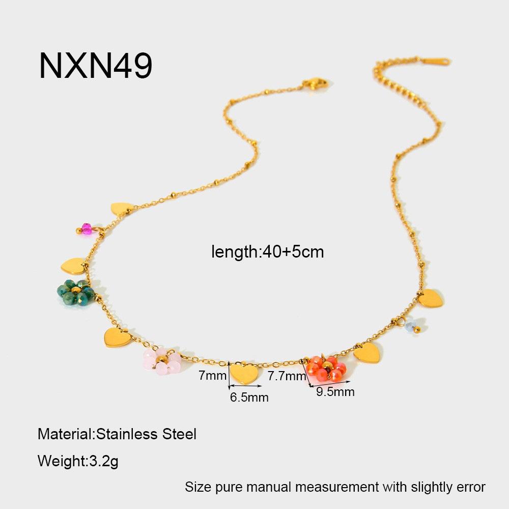 ins sweet retro color flower love fringed round bead necklace plated with 18K gold stainless steel neck chain jewelry
