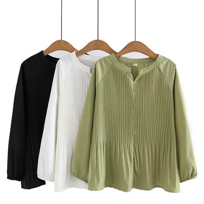 Women's Spring Solid Color Pressed Pleated Loose Chiffon Shirt Casual Comfortable Long Sleeve Top