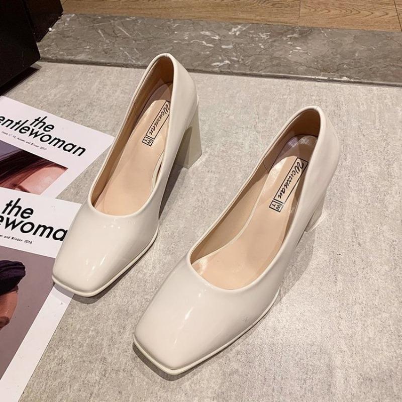 

Женские туфли-лодочки на высоком каблуке, весенне-осенние модели, на среднем каблуке, в стиле ретро, с квадратным носком, на толстом каблуке, нежные, фея, из мягкой кожи, туфли для бабушки 34 белый