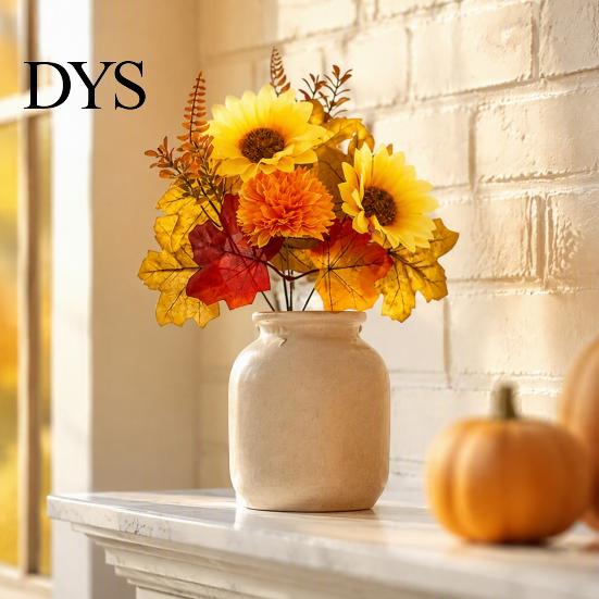 Holiday Gift for Thanksgiving Artificial Sunflower Maple Leaf Bouquet, Fall Flowers, Realistic Silk Faux Leaves Vase Flower Table Mantel Entryway