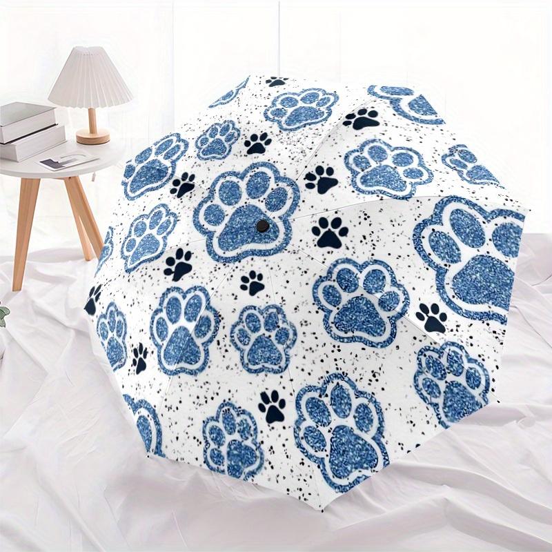 

1pc Automatic Folding Umbrella with Auto-Open/Close System, 8-Rib Windproof Design & Black Rubber Handle - Blue Paw Print & Pa (as the picture,Iron&8K)