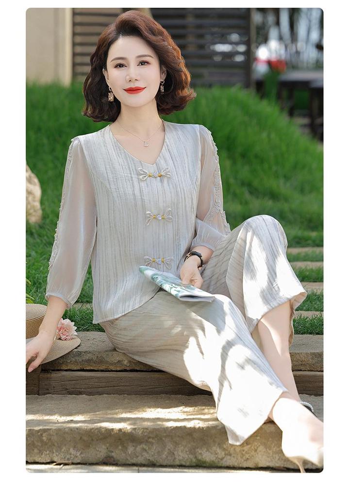Plus Size Women's Summer Wide-Leg Pants Two-Piece Set for Middle-Aged and Elderly