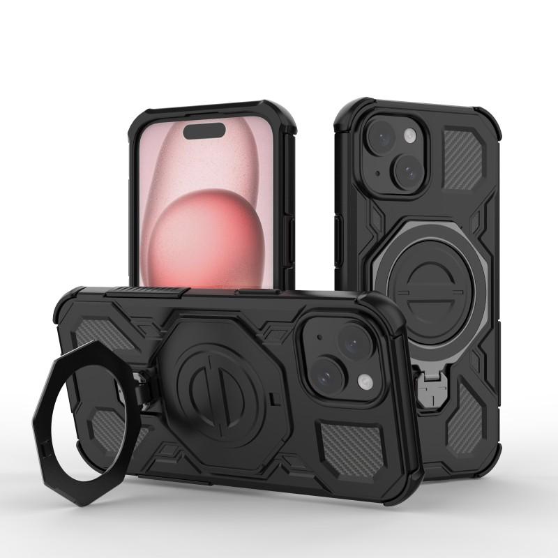 For iPhone 15 Case Kickstand with 2Pcs Screen Film WANLONFENG KJ Series PC TPU Phone Cover (Big Lens Hole)