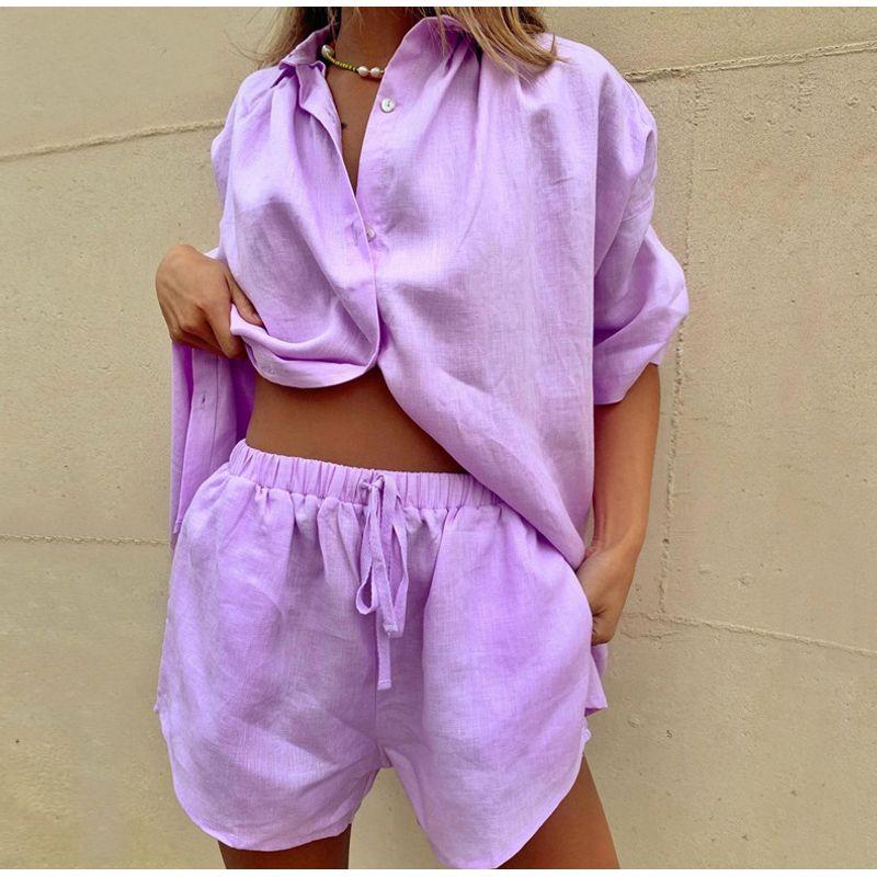 

European and American Single-breasted Shirt + Shorts Suit Purple S