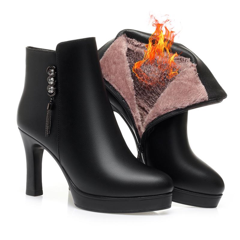Women's High Heel Short Boots - Temperament Style, Autumn & Winter Plush Leather Shoes
