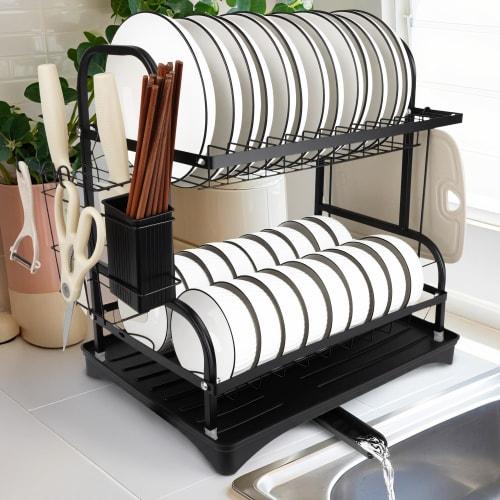 

Ymitoo 2-Tier Over-Sink Dish Drying Rack with Automatic Drainage, Large Capacity Storage for 16 Plates/18 Bowls, Knife Stand, Chopstick Holder, Cuttin