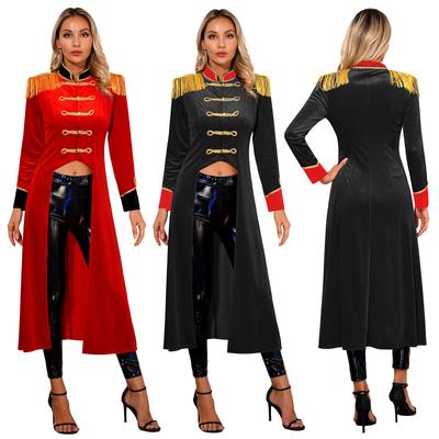 S-3XL Women's Halloween Circus Costume Velvet Tailcoat with Fringe Shoulder Boards, Renaissance Gothic Jacket for Cosplay & Themed Party