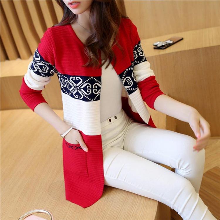 Retro Ethnic Long Cardigan Women Coat Autumn Winter Sweater Long Sleeve Jacket one size красный