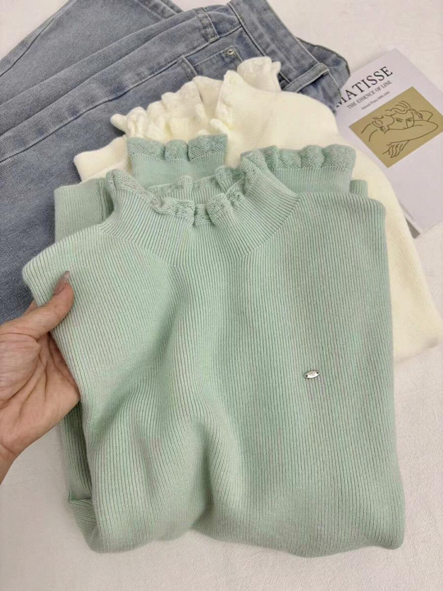 Вязаный свитер с высоким воротником и оборками - Женский осенне-зимний топ с длинным рукавом в корейском стиле для базового слоя Small 1900₽