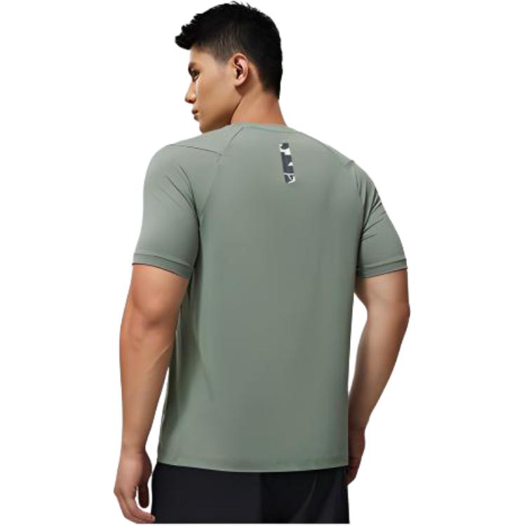 Li Ning Fitness Series Letter Print Round Neck Short Sleeve T-Shirt Men Tops Gray-Green ATST505-5