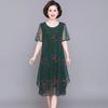 Mother Midi Dress Flower Print Double Layers Irregular Hem Round Neck Short Sleeves Mid-calf Length Thin Soft Plus Size Lady Dress
