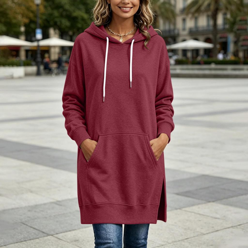 Abito Felpa Lungo da Donna Casual Pullover con Cappuccio e Tasca a Marsupio Spacco Laterale Vestibilità Comoda Ampia