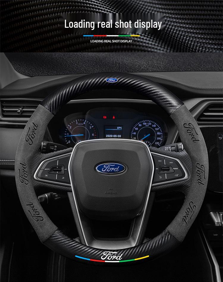 Genuine Leather Suede Carbon Fiber Steering Wheel Cover for JMC Ford Territory 2019-2021, Universal All-Season Model