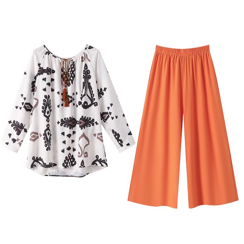 

Женская мода больших размеров, рубашка с принтом, брюки с высокой талией и широкими штанинами, костюм в отпускном стиле, новый осенний стиль 6XL