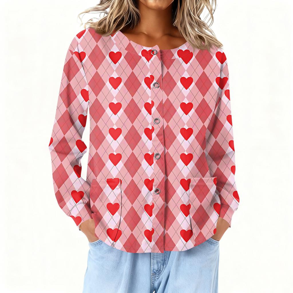 Women Long Sleeve Printed Pocket Working Stand Collar Single-breasted Protective Overalls Cardigan Jacket Top
