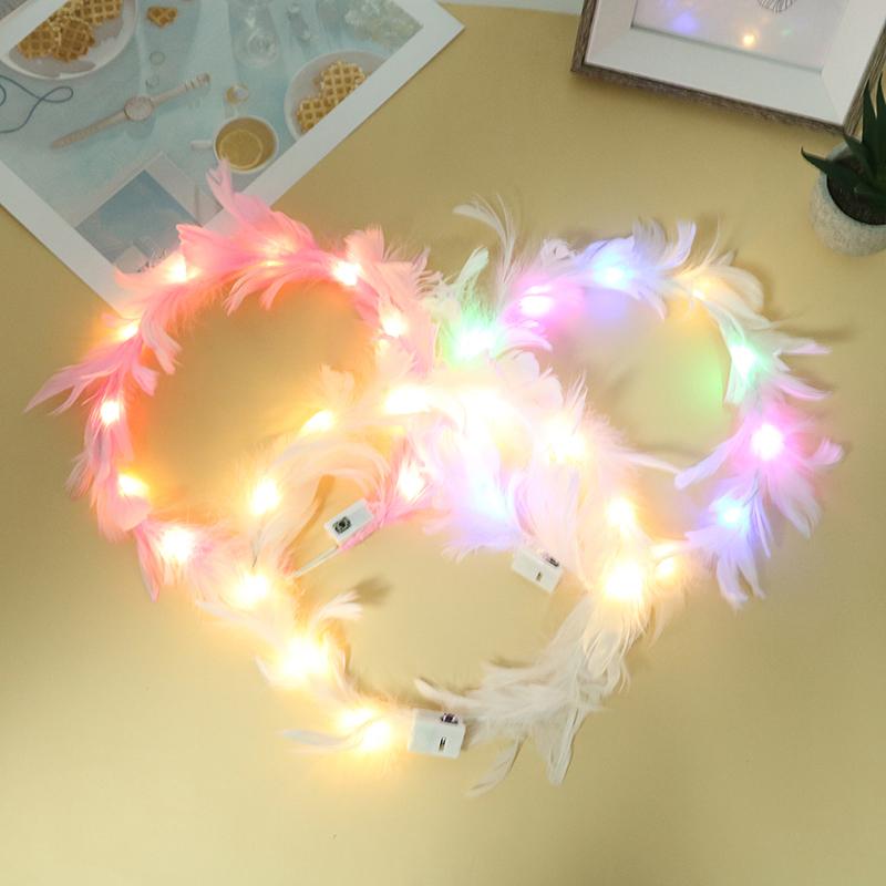 Led Feather Wreath Crown Light-Up Luminous Headdress For Women Girls Wedding Christmas Glow Party Decoration
