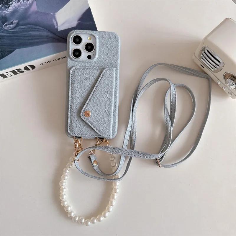 Leather Crossbody Wrist Strap Phone Case for IPhone 13 12 Mini 15 14 Plus 11 Pro Max Wallet with Card Holder Protective Cover