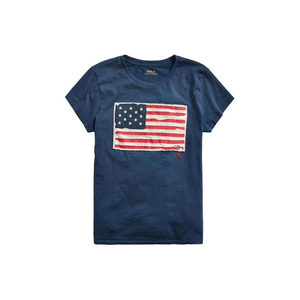 Dámské tričko s krátkým rukávem a kulatým výstřihem Polo Ralph Lauren s vyšívaným logem s písmeny a vlajkovým vzorem, námořnicky modré 211663124-0022