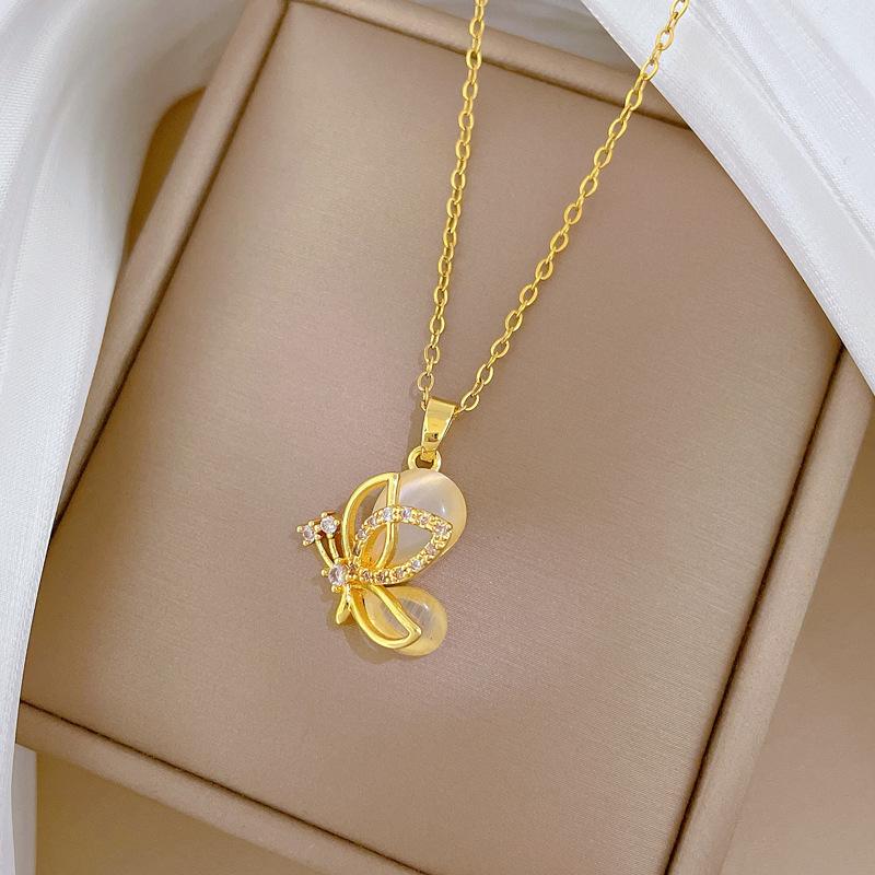 Opal Butterfly Full Diamond Light Luxury Temperament Gorgeous Full Diamond Necklace Female Versatile Collarbone Chain Titanium Steel