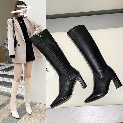 Knee-high Square-toe Booties Women's Outerwear Autumn Winter Casual Motorcycle Boots High Heel Zipper Back Design