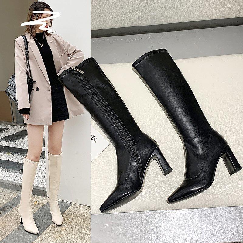 Fashion Knee-high Square-toe Booties Women's Outerwear Autumn Winter Fashion Casual Motorcycle Boots High Heel Zipper Back Design