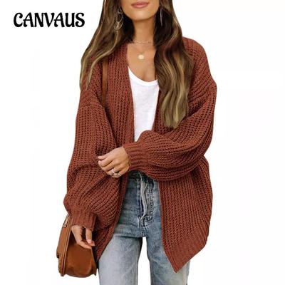 Jesienno-zimowy damski kardigan plus size z długim rękawem typu lampion z kieszeniami, oversize, sweter z dzianiny crewel