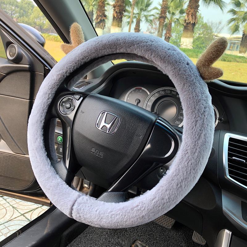 Short Plush Steering Wheel Cover Kawaii Winter Warm Car Handle Cover Anti-skid Cartoon Cute Cat Ear Steering Cover Pink Gift
