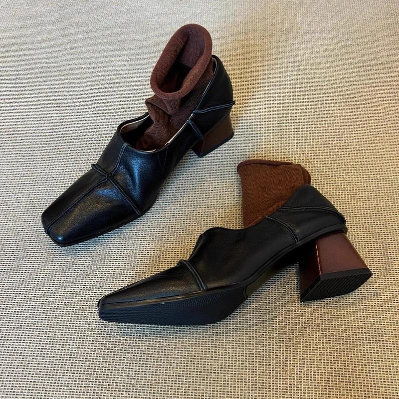 2026 Summer New Women's Loafers Shoe Square Toe Thick Heel Soft Sewing Design Retro Office Suit Shallow Ladies Single Shoes
