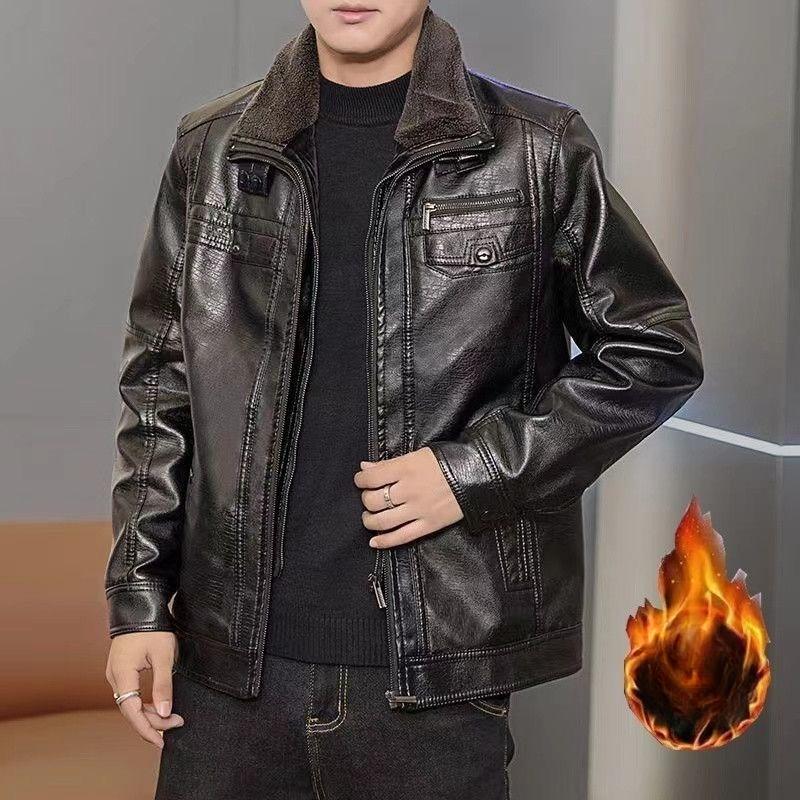 Winter Warm Leather Jacket for Men Fleece and Thickened Coat Casual Loose Warm Double-neck Top