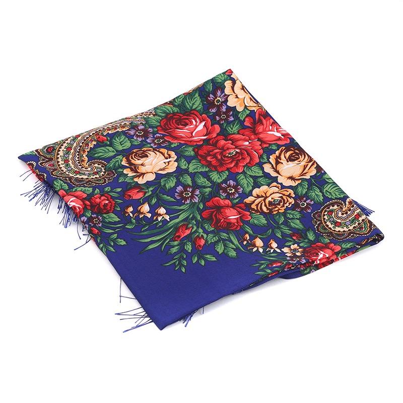 Women's Vintage Floral Print Shawl - Square Ethnic Scarf With Four-Sided Tassels For Travel & Dust Protection 