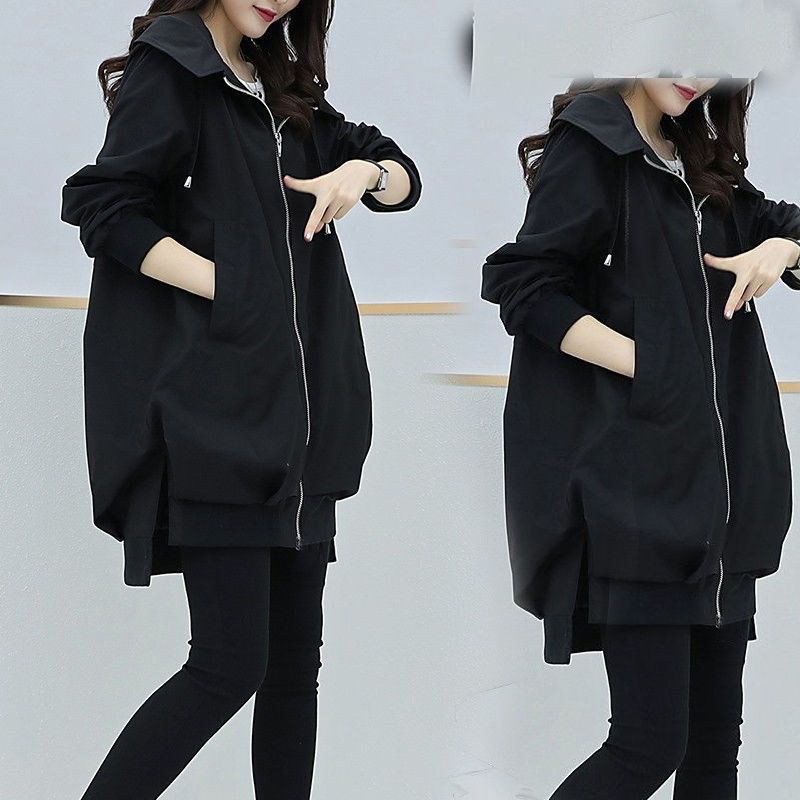 Khaki Loose Casual Hooded Windbreaker for Women Mid Length Black Temperament Jacket Korean Jacket