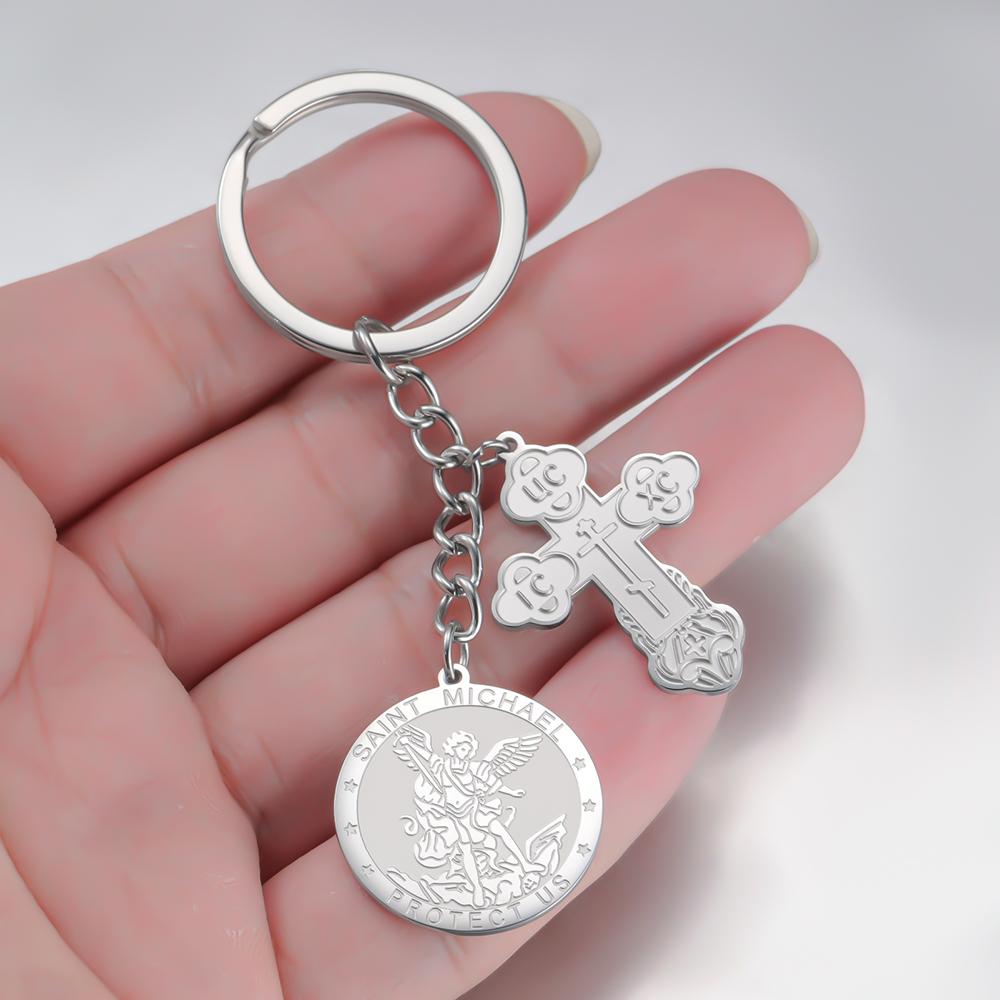 Dawapara Orthodox Cross and Saint Michael Pendant Keychain Religious Prayer Archangel Christian Talisman Stainless Steel Keyring