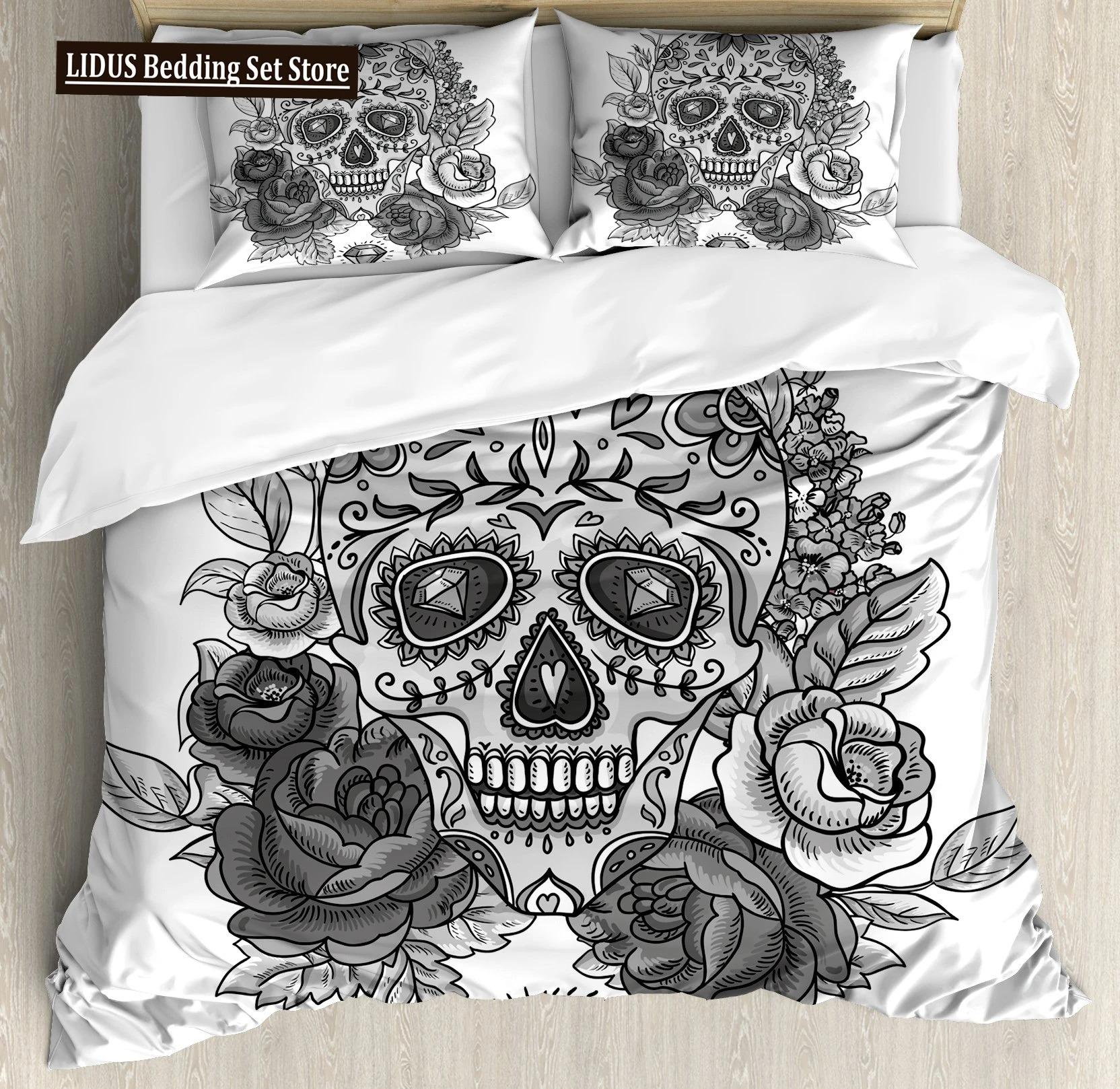 

Duvet Cover Set Black Skull SkeletonPaisley Floral Gothic Luxury Soft Bedding Set Comforter Cover Halloween Decor,Queen Size EU Single 135x200cm