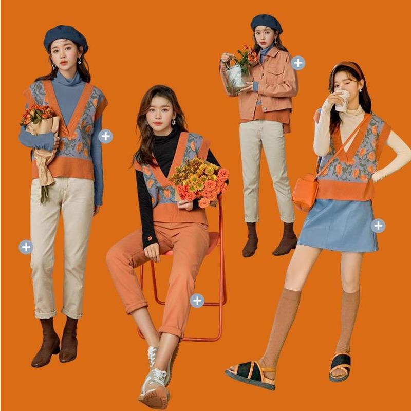 Floral Sweater Vest Women Autumn Winter Fashion Knitted Vest Sleeve Jackets  V Neck Woman Pullover Jumper Girl Sweater Retro English Wind