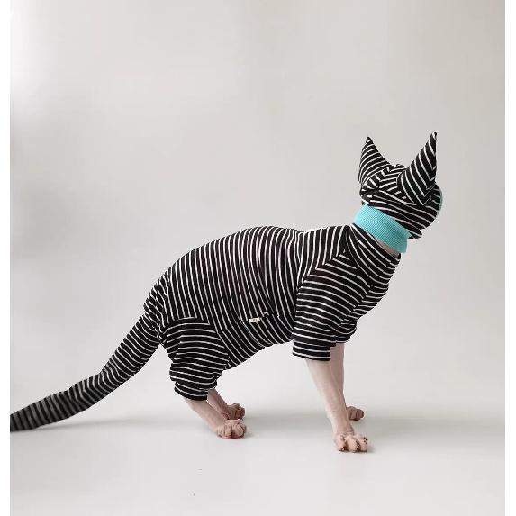 Sphynx Cat Clothes Black Stripe Breathable Shirts Suit, Pet Hat and Shirt Set (Medium)