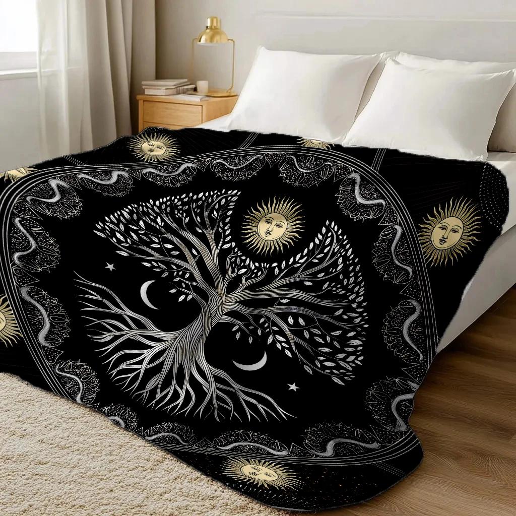 130cm×150cm Flannel Throw Blankets Boho Chic Golden Tree of Life Antique Blankets Lightweight Luxury Blanket,Couch Bed
