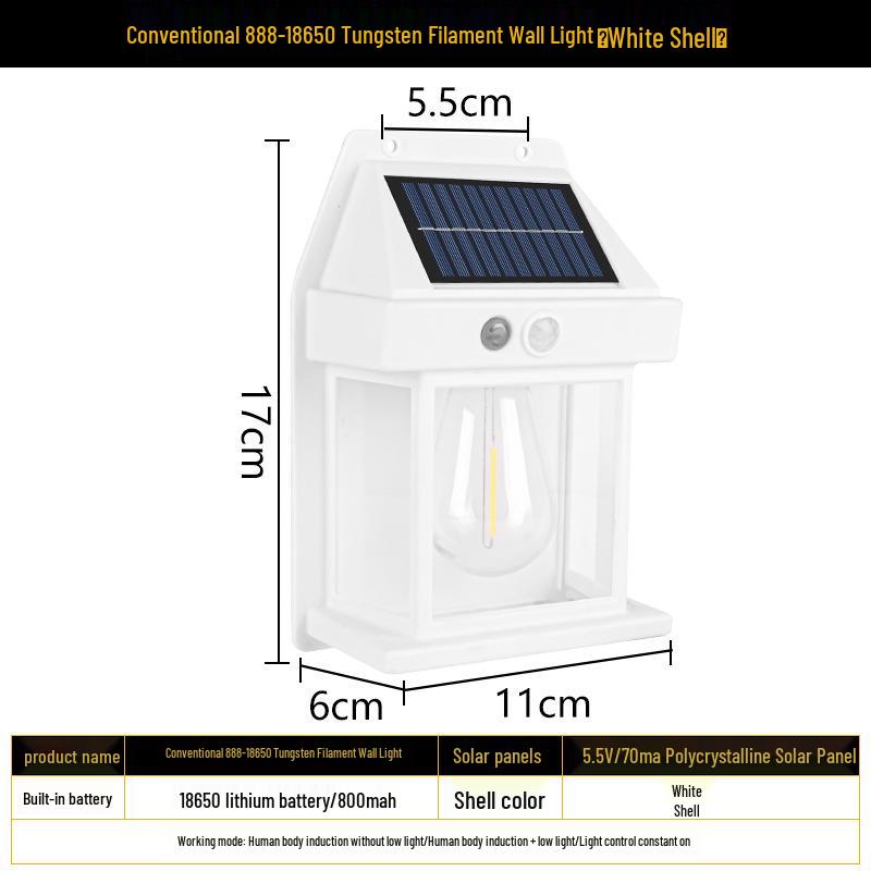 Solar Outdoor Wall Light with Human Body Sensor, Three Modes, Tungsten Filament, Waterproof for Garden or Villa Night Lighting.