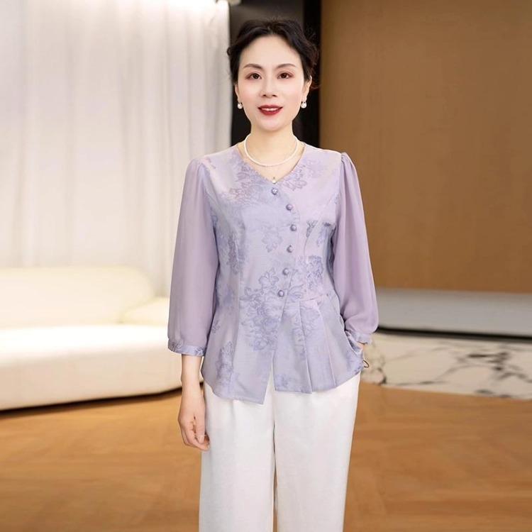 Stylish Slim Fit Top for Middle Aged Women Spring Summer New Button Mom Blouse L фиолетовый