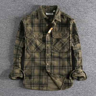 Camisa clásica de manga larga a cuadros para hombre, estilo retro, de pana lavada, abrigo diario cómodo.
