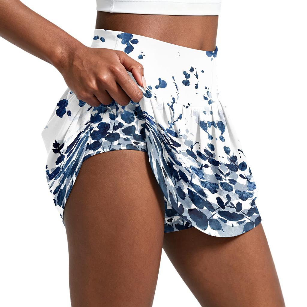 Women's Vintage Floral Print Pleated Tennis Skirt with Built-In Shorts for Running Yoga Fitness Casual Sportswear