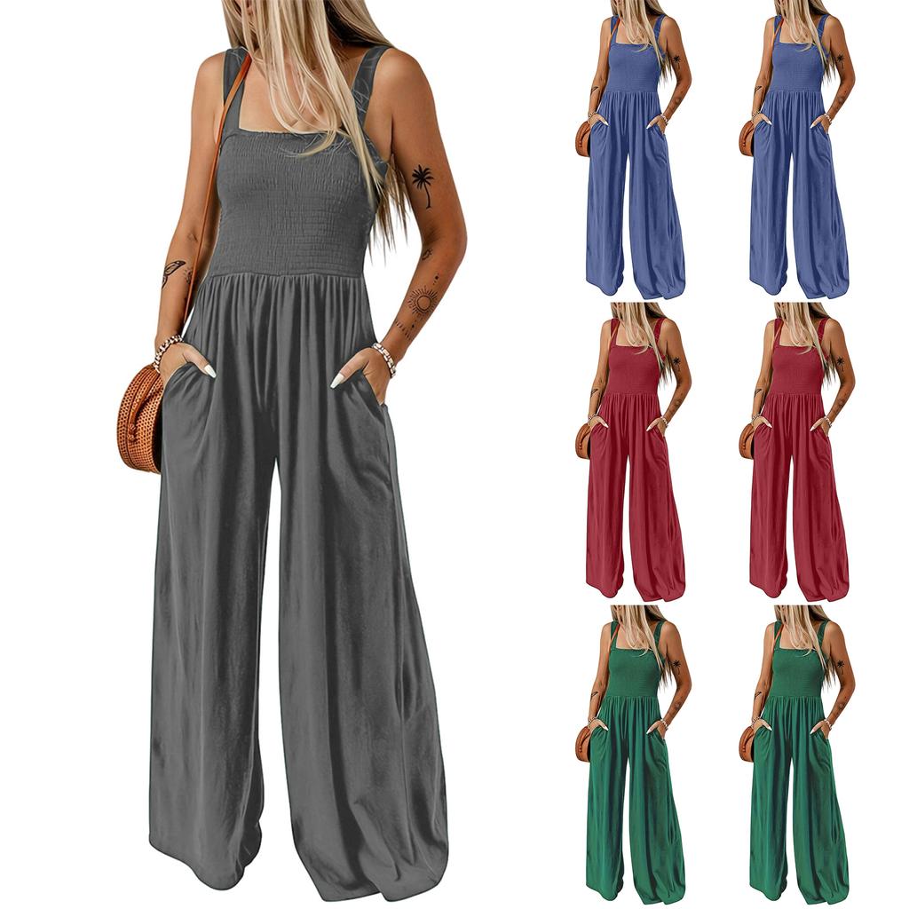 Women’s Sleeveless Wide Leg Jumpsuit Square Neck Ribbed Bodice with Adjustable Straps and Side Pockets Casual Fit