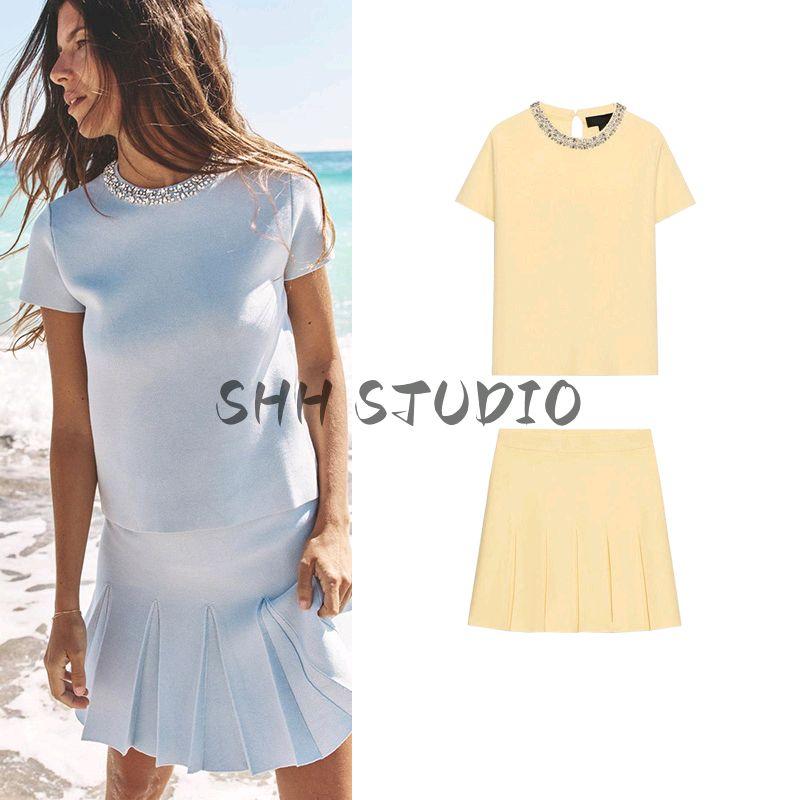 Jewelry round Neck Short Sleeve Knitting Tops 5755039 Wide Pleated High Waist A- line Knitting Short Skirt 5755040