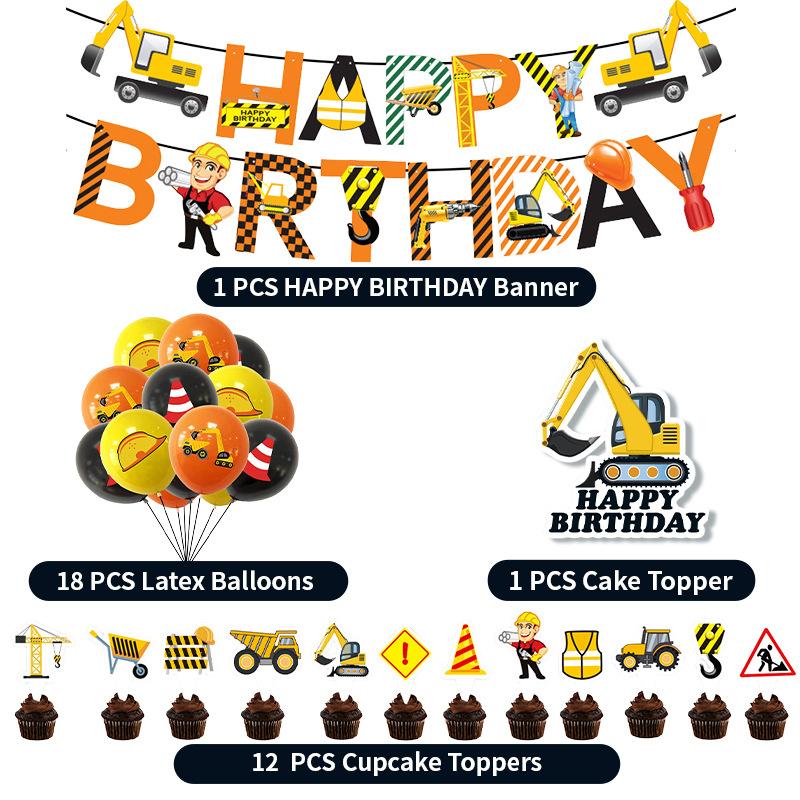 

Construction Vehicle Latex Balloon Birthday Theme Party Flag Size Power Strip Paper Plate Tablecloth Decoration Package cards 12