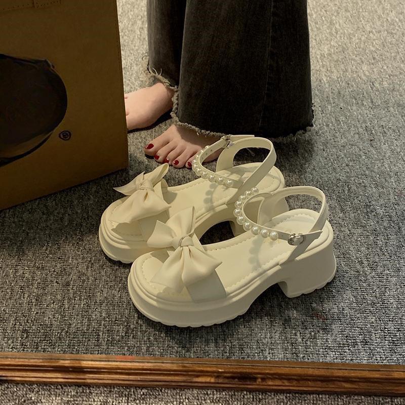 Women's Shoes Fat Feet, Platform Pearl Bow Open-toed Sandals Fairy Style Muffin Roman Shoes
