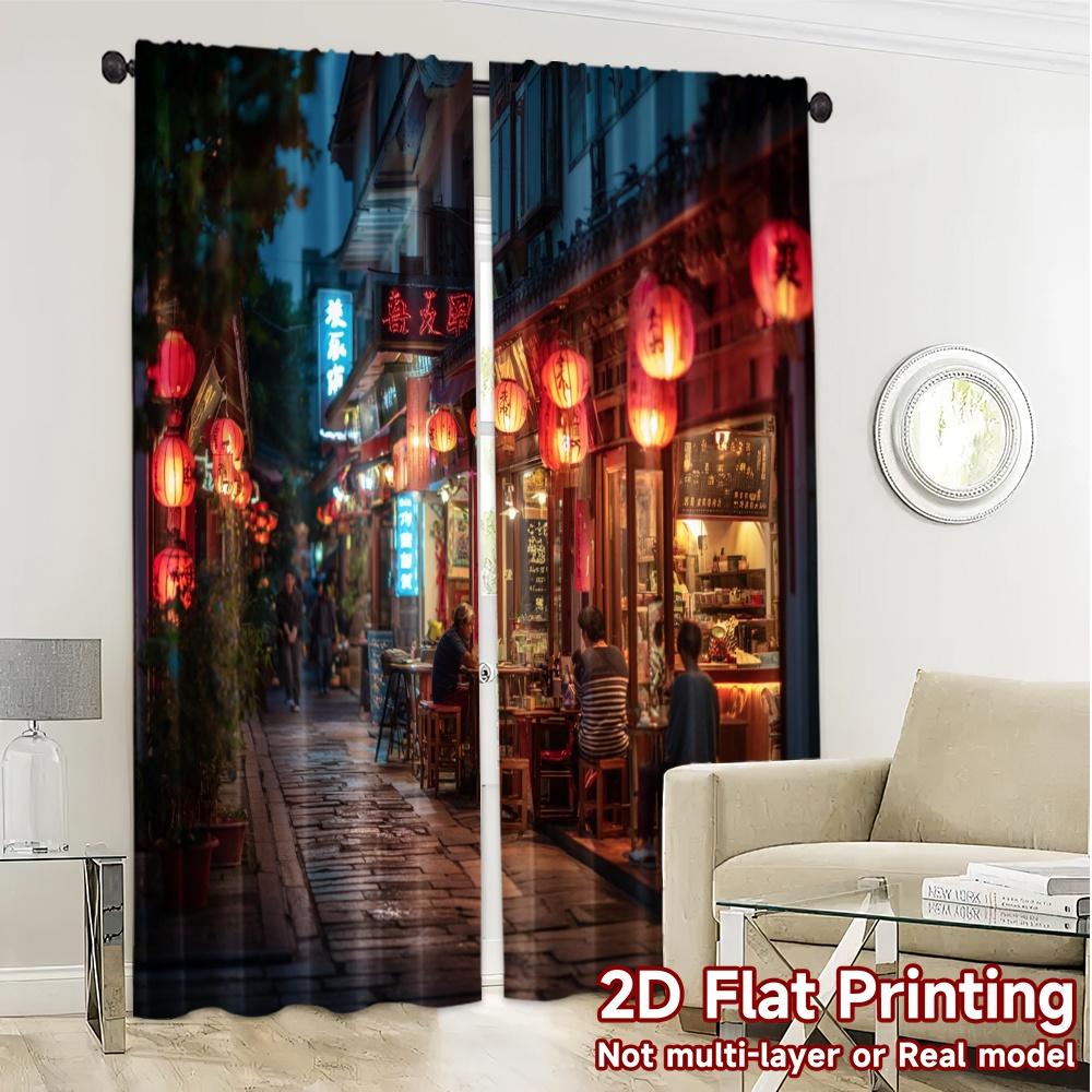 2pcs, 2D FLAT PRINTING Curtains (Without Rod) Lantern Alley Chic Curtain Fabric Versatile Polyester Fabric Curtains Versatile