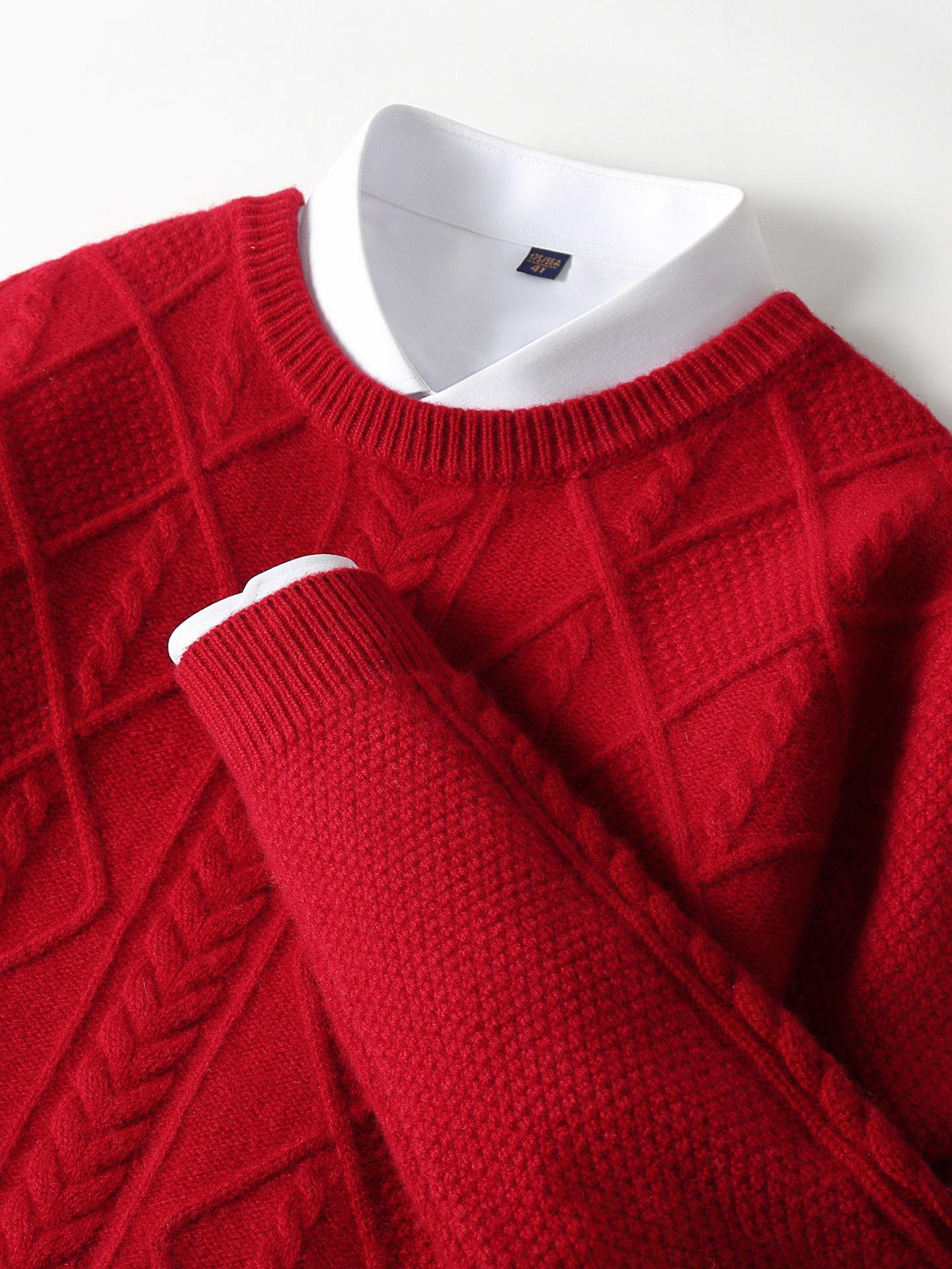 Men s British Style 100% Wool Sweater, Round Neck, 3D Cable Knit, Loose Fit, Five-Needle Thickened Casual Base Layer. S