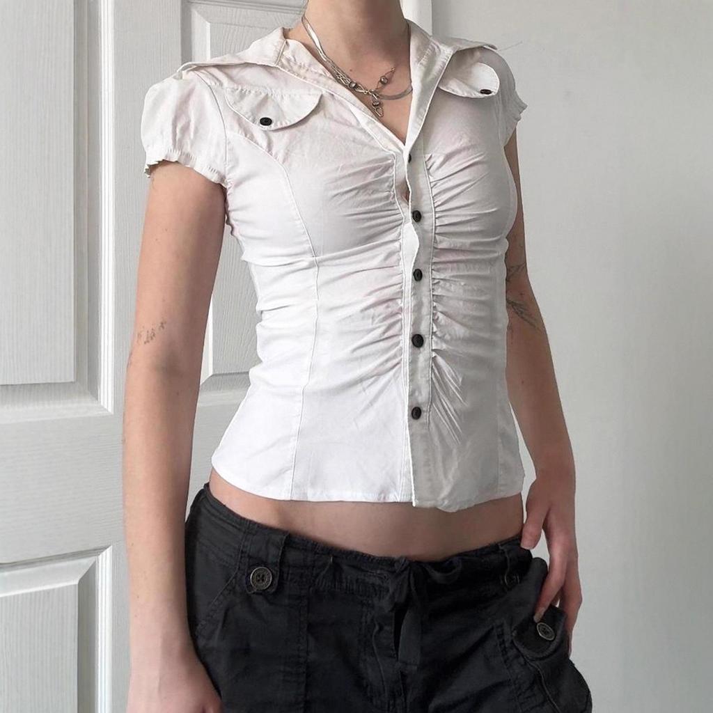 American Style Lapel Waist-Cinched Pleated Short-Sleeve Cardigan Shirt