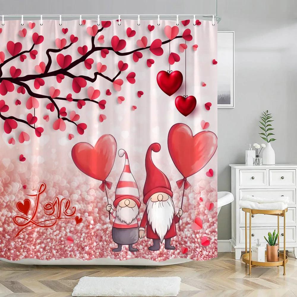 Valentine's Day Shower Curtain Love Tree with Elf Truck Romantic Pink Swing Balloon Love Polyester Printed Fabric Bathroom Decor