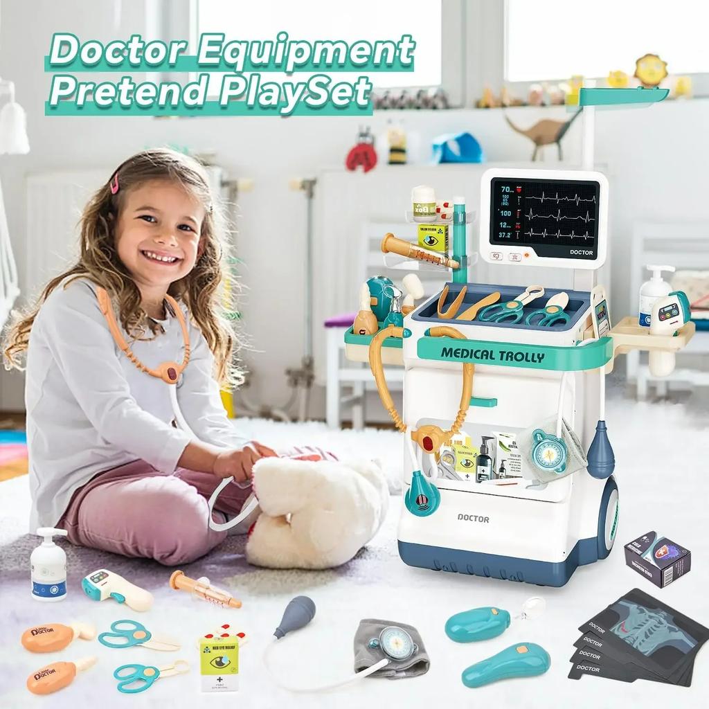 Non-Toxic Doctor Kit Toy Pretend Play Doctor Nurse Hospital Games Toddlers Medical Cart Kit With Sounds 3-5 Year Old Toddler Toy For Kids